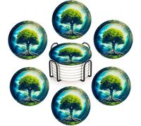 Magic Green Life Tree Coasters Set of 6,Absorbent Ceramic Coasters with Cork Base,Round Coaster Mats for Cold Drinks & Mugs, Rustic Home Decor + Holder