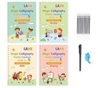Magic Grooved Practice Copybook 4 Pack with Pens, Reusable Children's Magic Copybooks, Magical Handwriting Workbooks Number Letter Tracing for Kids Age 4 5 6 7 8 Kindergarten Preschool (English)