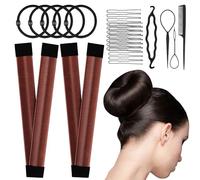 Magic Hair Bun Maker Donut 2 PCS - French Twist Hair Styling Tool Snap Roll, Hair Bun Accessories with 4 Pony hair tools, 5 Elastic Bands and 20 Hair Bobby Pins for Women Girls Kids (Reddish Brown)