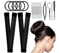 Magic Hair Bun Maker Donut 2 PCS - French Twist Hair Styling Tool Snap Roll, Hair Bun Accessories with 4 Pony hair tools, 5 Elastic Bands and 20 Hair Bobby Pins for Women Girls Kids (Black)