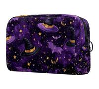 Magic Halloween Hat Witch Bats Stars Night Purple Background Small Makeup Bags for Women Teen Girls, Makeup Storage Bag with Zipper Accessories Organizer Bag for Travelling