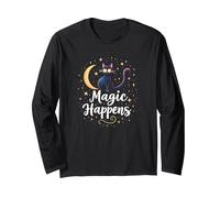 Magic Happens Mystical Cat Moon Stars Enchanted Night Long Sleeve T-Shirt, Adult Unisex, Black, S