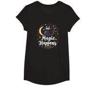 Magic Happens Mystical Cat Moon Stars Enchanted Night T-Shirt, Girls, Black, Small
