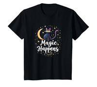 Magic Happens Mystical Cat Moon Stars Enchanted Night T-Shirt, Kids, Black, 10 Years