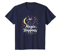 Magic Happens Mystical Cat Moon Stars Enchanted Night T-Shirt, Kids, Navy, 8 Years