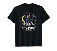 Magic Happens Mystical Cat Moon Stars Enchanted Night T-Shirt, Men, Black, 3XL