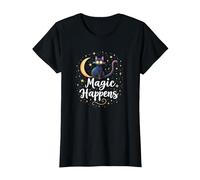 Magic Happens Mystical Cat Moon Stars Enchanted Night T-Shirt, Women, Black, L
