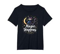 Magic Happens Mystical Cat Moon Stars Enchanted Night T-Shirt, Women's Plus, Black, 6X
