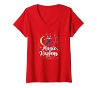 Magic Happens Mystical Cat Moon Stars Enchanted Night V-Neck T-Shirt, Women, Red, XL