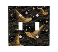 Magic Hat Light Switch Cover Plates/Outlet Covers, Black and Gold Wizard Design for Halloween Decor, Thermoplastic Wall Plates, Standard Size Double Toggle