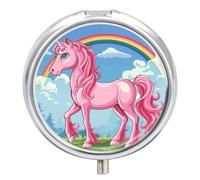 Magic Horse Pattern Pill Box 3 Compartment Travel Pill Organizer 3 Times A Day Cute Mini Pill Case for Purse & Pocket Portable Metal Medicine Box with Mirror Round Daily Medicine Vitamin Container