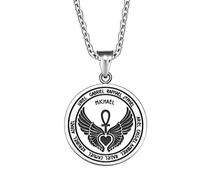 Magic Human Guardian Angel Necklace - 12 Engraved Archangels Medallion - Sacred Ankh and Wings Protection Amulet, Stainless Steel, No Gemstone
