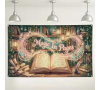 Magic in Pages Wall Backdrop, Enchanted Book and Butterfly Vintage Decorative Background, Green Indoor/Outdoor Photography Scene for Events and Parties 71x43 Inch