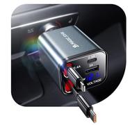 MAGIC JOHN Retractable Car Charger Adapter, 30W USB C Car Phone Charger with Retractable Cables Voltage Display, 4 in 1 Cigarette Lighter USB C Charge Compatible with iPhone, Android, Samsung Galaxy