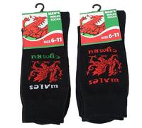 Magic Kingdom Wales Adult Socks with Knitted Welsh Dragon Black 2 pair pack. Red text and White Text styles