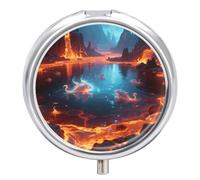 Magic Lava Lake Pill Case with Mirror Retro 3 Compartments Small Pill Organizer Metal Round Pill Box or Vitamins Fish Oil Supplement Pill Container for Travel Purse Pocket