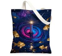 Magic Lighthouse Canvas Tote Bag for Shopping 13x15, Nautical Ocean Reusable Grocery Print Pattern Bag for Women, Fantasy Sea Scenic Aesthetic Painting Gift Decor