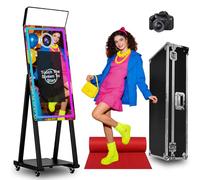 Magic Mirror Photo Booth with 21.5 Inch Touch Screen, Portable Photobooth Machine with RGB LED Fill Light & Flight Case for Weddings Parties Events (Black, Photo Booth + Camera)