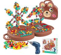 Magic Montessori Play Toolbox Bear with Electric Drill,204Pcs Creativity Toy Set,Creative Puzzle Montessori Building Toy, DIY Educational Construction Engineering Gift Toys for Ages 3-12 (Brown bear)