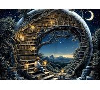 Magic Moon Library Puzzles for Adults 1000 Pieces Nature Cozy Books Fantasy Star Night Bookshelf Forest Art Jigsaw Puzzle Landscape Impossible Hard Difficult Challenging Puzzles as Family Game