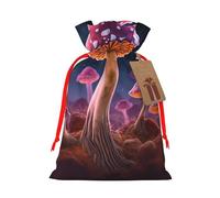 Magic Mushroom Printed Christmas Drawstring Bags,S | Reusable Xmas Gift Storage Bags, Red Ribbon