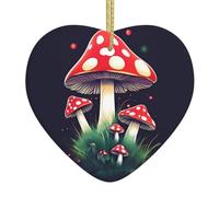 Magic Mushrooms Print Holiday Heart Shaped Ceramic Christmas Ornament Xmas Tree Hanging Decor Themed