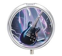 Magic Music Pill Box for Electric Guitar, Cute Mini Round Pill Box Organizer, Portable with 3 Compartments, Metal Pill Case for Pocket or Wallet, Protection