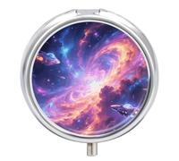 Magic Nebula Metal Pill Organizer, 3 Compartment Waterproof Pill Case with Mirror for Purse Pocket Bag, Daily Medicine Vitamin Holder, Portable Travel Med Container(Round)