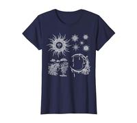 Magic Occult Celestial Sun Crescent Moon Stars T-Shirt, Women, Navy Blue, X-Large