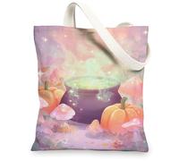 Magic Pumpkin Mushroom Pattern Reusable Canvas Tote Bags, Cute Lightweight Washable Shoulder Straps in Pastel Colors, Pastel, 13x15 Inch
