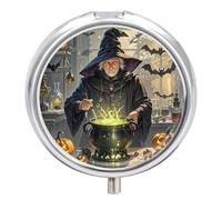 Magic Pumpkin Night Pill Box with 3 Compartments, Portable Pill Organizer Round Compact for Pocket Wallet, Mini Metal Pill Container, Cute Pill Holder