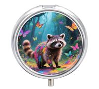Magic Raccoon Pill Case with Mirror Retro 3 Compartments Small Pill Organizer Metal Round Pill Box or Vitamins Fish Oil Supplement Pill Container for Travel Purse Pocket