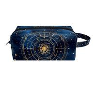 Magic Space Zodiac Signs on Blue Sky Background Women’s Leather Cosmetic Bag Pouch with Handle, Waterproof Hanging Toiletry Travel Bag, Small Pencil Case for Kids