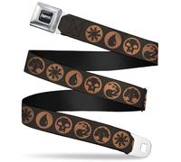 Magic the Gathering Belt, Seatbelt Buckle Belt, Magic the Gathering Five Mana Icon Symbols Brown Orange, Adjustable, Brown, Tan, 1.5" Wide - Fits Pant Size 32-52