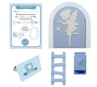Magic Tooth Fairy Magic Door + Tooth Box + Ladder + 4 Clean Tooth Certificates Original Gift for Boys and Girls Italian Version (Blue)