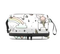 Magic Unicorn Rainbow and Ice Cream Double Layer Cosmetic Bag for Women and Girls, Travel Toiletry Bag Makeup Handy Pouch Organiser Bag with Brush Compartment
