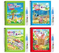 Magic Water Book Set, 4 Pack Reusable Water Drawing Coloring Books with 4 Water Pens, Mess-Free Travel Activity Toy for Kids Toddlers Boys Girls 3-6 Years, Dinosaur Ocean Jungle Vehicle Themes