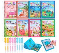 Magic Water Colouring Books, 8 Pcs Reusable Water Painting Books with 8 Water Pens, Magic Painting Books Coloring Book Educational Learning Toy for Kids 3 4 5 6 Year Old Boys Girls