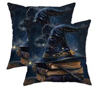 Magic Witch Hat Pillow Covers Set of 2, Dark Blue Enchanted Sparkles Decorative Square Cushion Covers, Halloween Mystical Style Sofa Bed Throw Pillow Cases 16x16 Inch