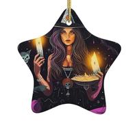 Magic Witch Witchcraft Bohemian Drawing Double-Sided Printed Ceramic Star Christmas Ornament With Gold Hanging Cord-Festive Holiday Decoration For Home,Store, Christmas Tree