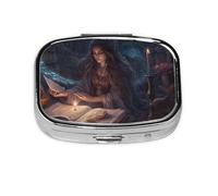 Magic Witch Witchcraft Bohemian Drawing Mini Pill Box Metal Travel Medicine Organizer with 2 Compartments Pocket-Sized Pill Container