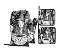 Magic Witch Witchcraft Bohemian Drawing Oven Mitts and Pot Holders Sets of 4,Non-Slip Heat Resistant Oven Gloves Hot Pads for Kitchen Cooking Baking Grilling BBQ Housewarming Gift