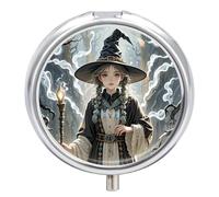 Magic Witch Witchcraft Bohemian Drawing Pill Box Cute Round Small Pill Organizer Portable with 3 Compartments Travel Metal Pill Case for Pocket Or Purse Privacy Protecting Medicine Box