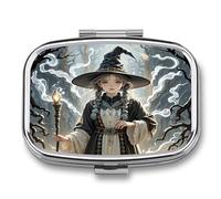 Magic Witch Witchcraft Bohemian Drawing Pill Case 2 Compartments Travel Pill Organizer for Pocket Small Pill Box Portable Pill Container Metal Medication Holder to Hold Vitamin Fish Oil Supplement