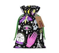 (Magic Witch Witchcraft Bohemian Drawing) Printed Christmas M Size Gift Bags with Green Ribbon Drawstring Candy Bags for Kids Xmas Holiday Christmas Eve Presents