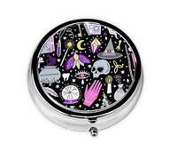 Magic Witch Witchcraft Bohemian Drawing This Small, Round Pill Box is a Portable Travel Medicine Organizer with Three compartments for Storing Daily medications.