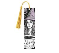 Magic Witch Witchcraft Bohemian Drawing Wood Bookmark for Book Lovers Birthday Teachers Gift, Handmade Craft Book Marks Ornaments with Tassel Exquisite Reading Page Markers for Men Women