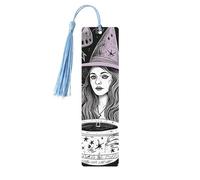Magic Witch Witchcraft Bohemian Drawing Wooden Bookmarks 5 Pcs,Handmade Double-Sided Printed Book Marks Page Markers with Sky Blue Tassels Book Accessories Gift for Book Lovers Women Men