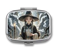 Magic Witch Witchcraft Bohemian Pill Box 2 Compartment Square Pill Box for Pocket Purse Portable Travel Medicine Tablet Vitamin Holder Organizer Mini Decorative Pill Case