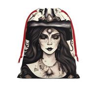 Magic Witch Witchcraft Bohemian Print Christmas Drawstring Gift Bags, Xmas Holiday Fabric Gift Wrapping Bag For Party, Size-L